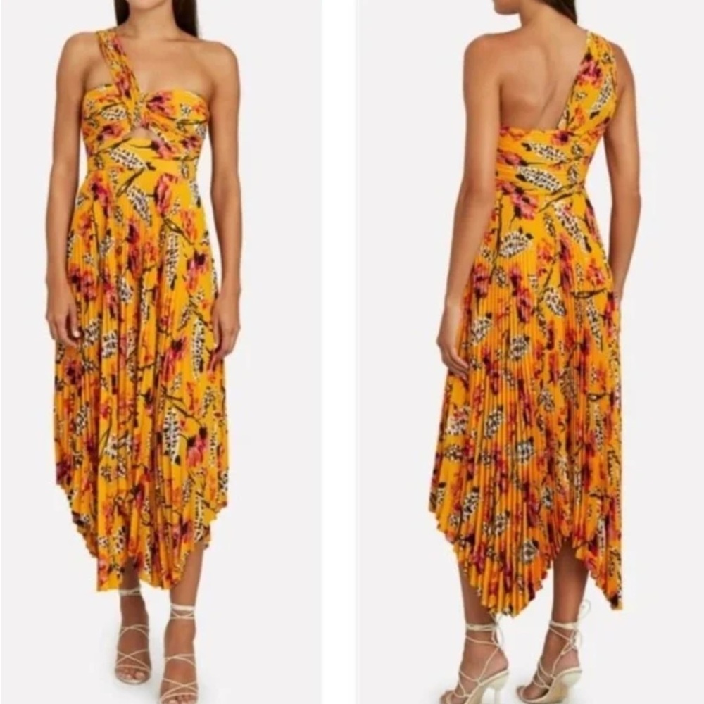 A.L.C. Aurora One Shoulder Pleated Midi Dress‎ Yellow Floral Print Size 0 NWT